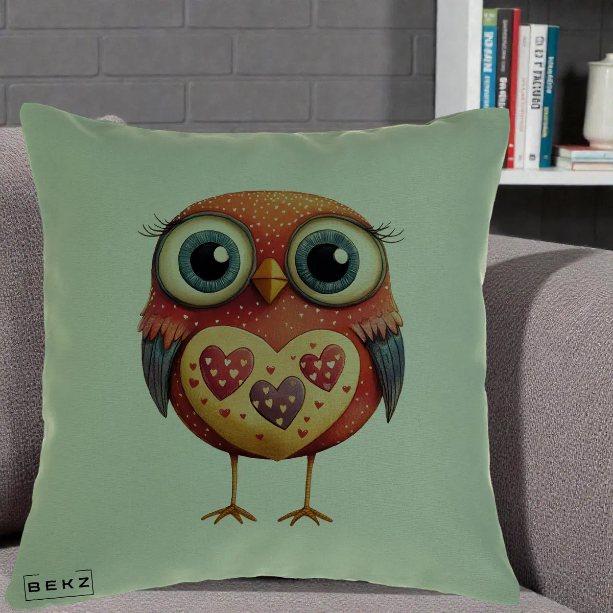 Perna Decorativa Bufnita Rosie cu Inimi Aurii, 40x40 cm, Verde, Husa Detasabila, Perna, BEKZ®