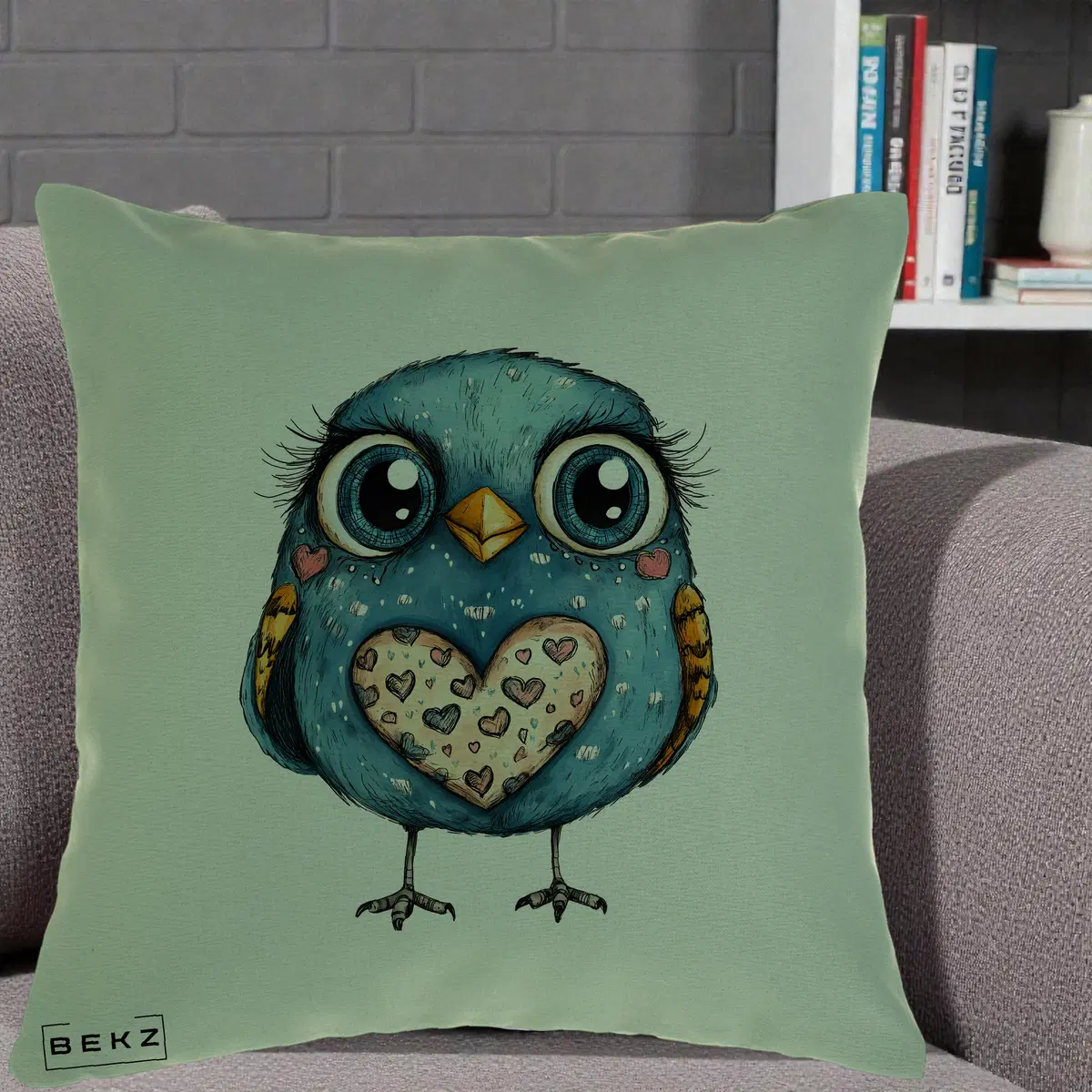 Perna Decorativa Bufnita Albastra cu Inimioare, 40x40 cm, Verde, Husa Detasabila, Perna, BEKZ®