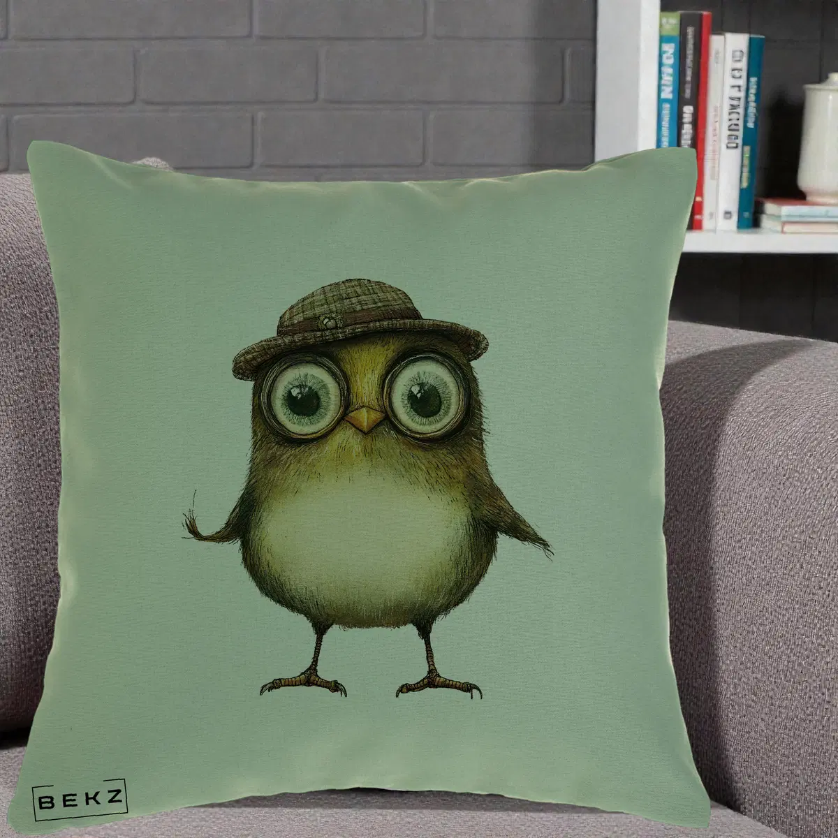 Perna Decorativa Pui Intelectual cu Palarie Tweed, 40x40 cm, Verde, Husa Detasabila, Perna, BEKZ®