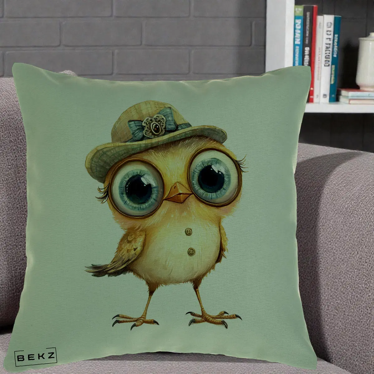 Perna Decorativa Pui Elegant cu Palarie Teal, 40x40 cm, Verde, Husa Detasabila, Perna, BEKZ®