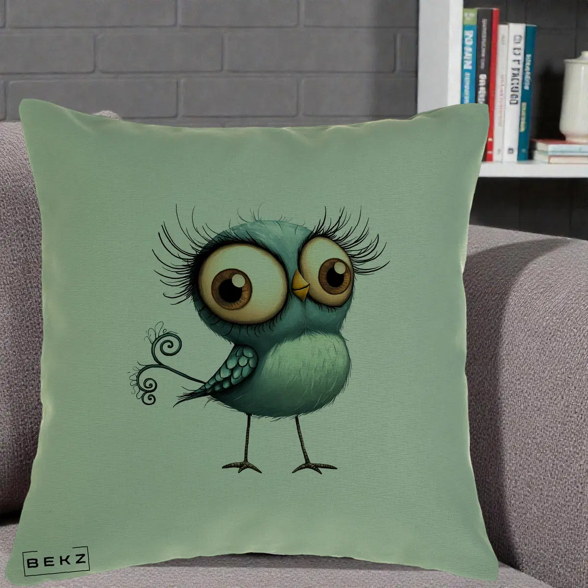 Perna Decorativa Pasare Teal cu Gene si Coada Spiralata, 40x40 cm, Verde, Husa Detasabila, Perna, BEKZ®