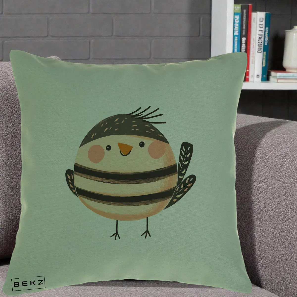 Perna Decorativa Pui Kawaii Bej-Negru Dungat, 40x40 cm, Verde, Husa Detasabila, Perna, BEKZ®