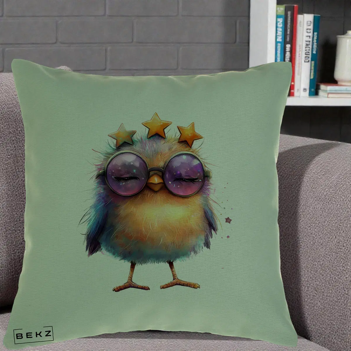 Perna Decorativa Pui Pop Star cu Ochelari Stele Violet, 40x40 cm, Verde, Husa Detasabila, Perna, BEKZ®