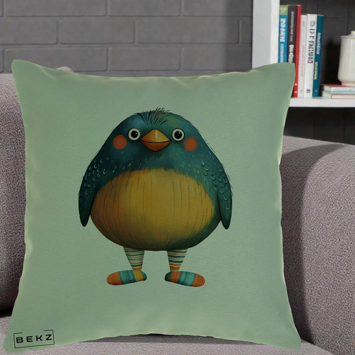 Perna Decorativa Pasare Teal cu Sosete Dunghi, 40x40 cm, Verde, Husa Detasabila, Perna, BEKZ®