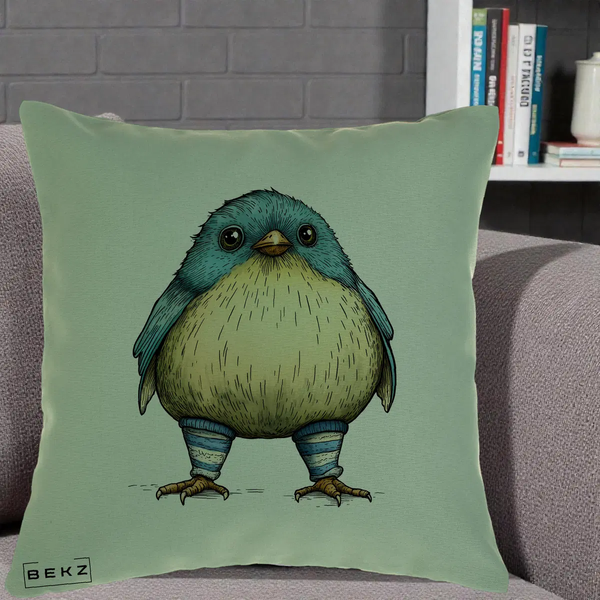 Perna Decorativa Pasare Albastra cu Sosete Albastre, 40x40 cm, Verde, Husa Detasabila, Perna, BEKZ®