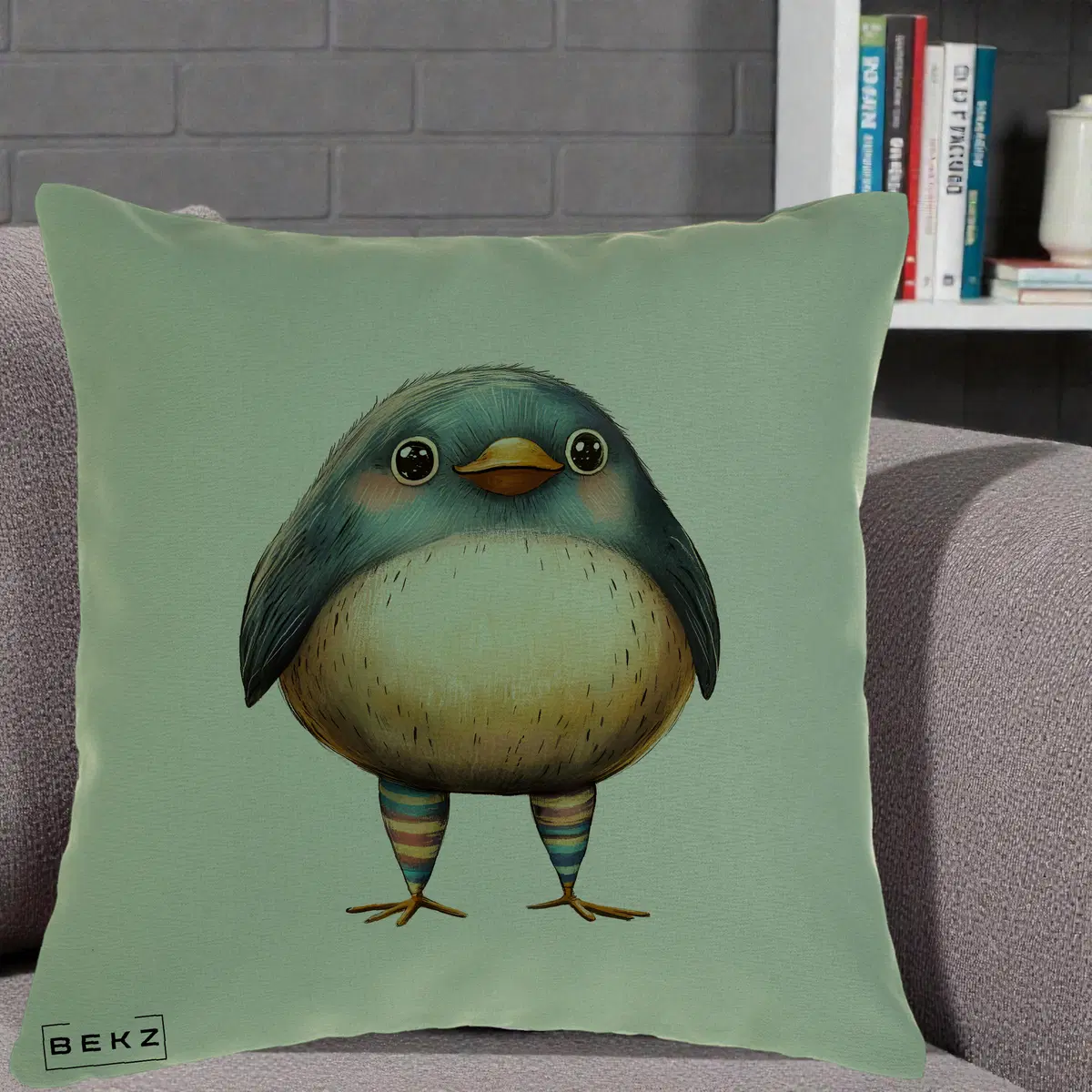 Perna Decorativa Pasare Teal-Bej cu Sosete Curcubeu, 40x40 cm, Verde, Husa Detasabila, Perna, BEKZ®