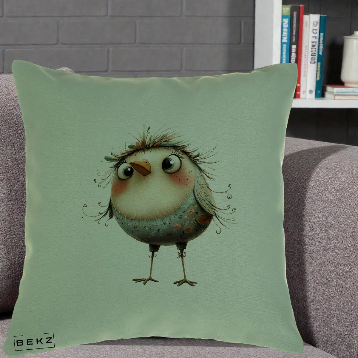 Perna Decorativa Pasare cu Penaj Zbarlit si Gene, 40x40 cm, Verde, Husa Detasabila, Perna, BEKZ®