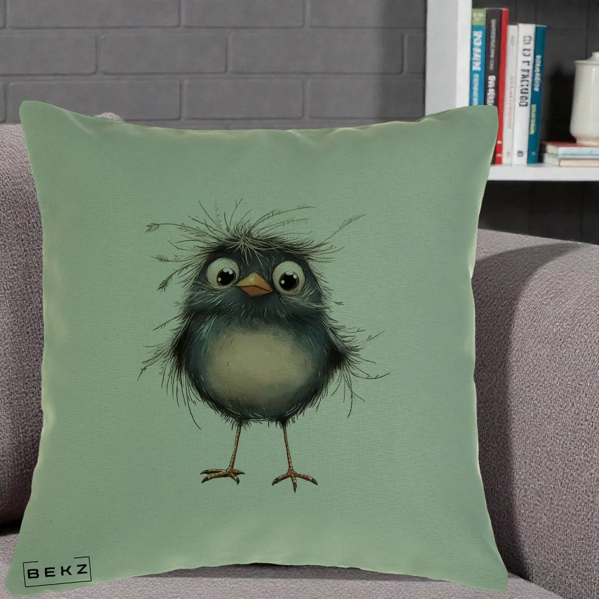 Perna Decorativa Pui Negru Zbarlit cu Pene Fine, 40x40 cm, Verde, Husa Detasabila, Perna, BEKZ®