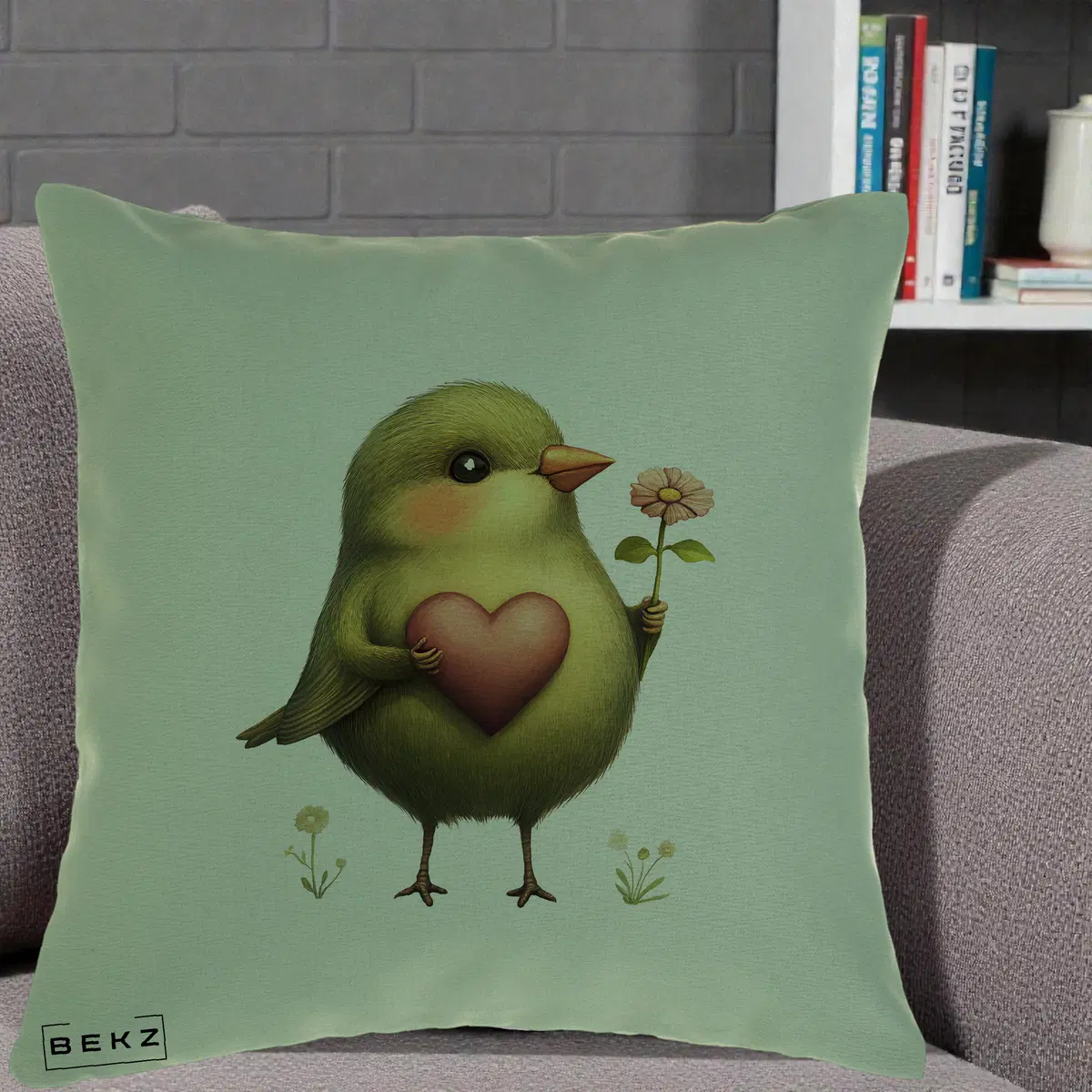 Perna Decorativa Pasare Verde cu Inima si Floare, 40x40 cm, Verde, Husa Detasabila, Perna, BEKZ®