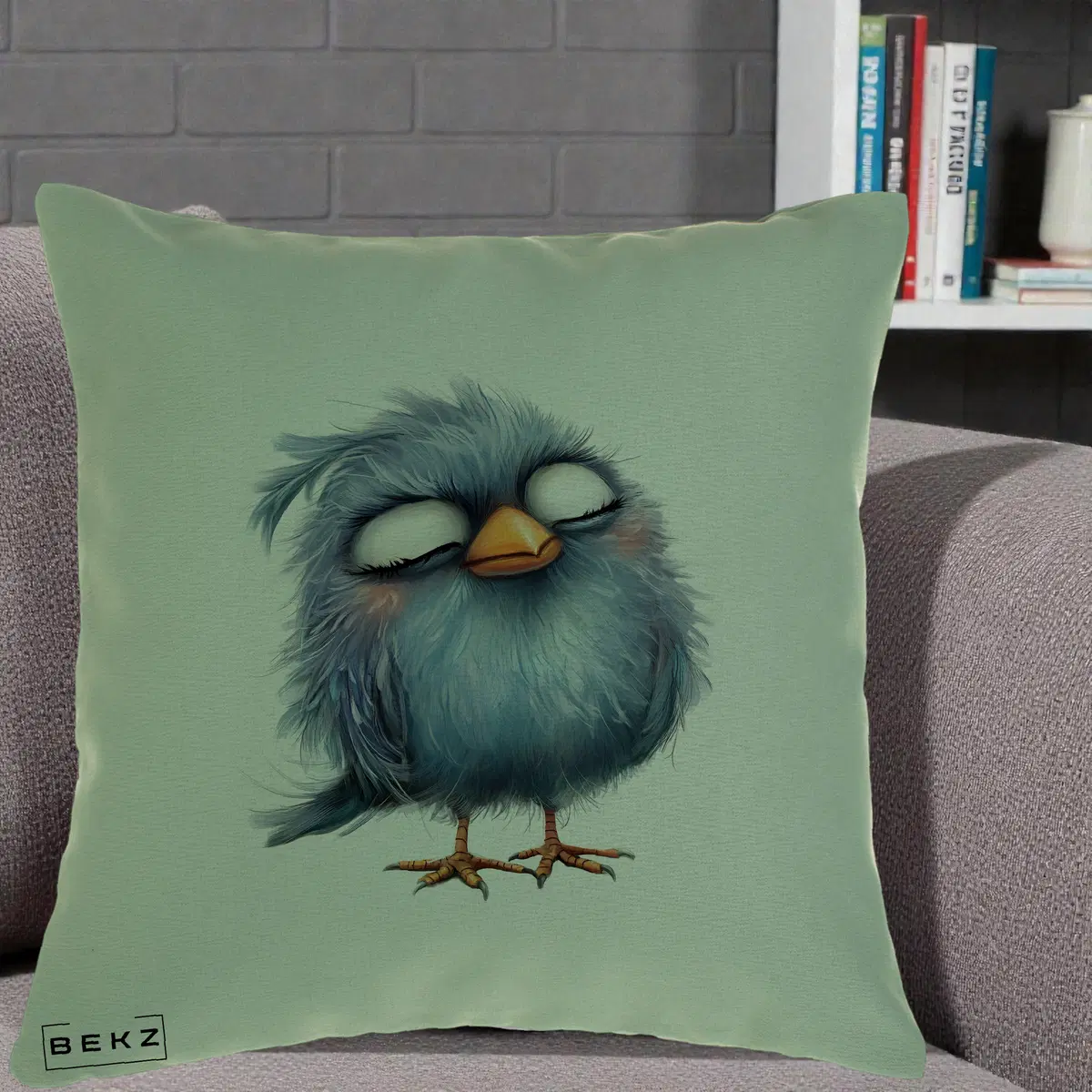 Perna Decorativa Pui Pufos Albastru Adormit, 40x40 cm, Verde, Husa Detasabila, Perna, BEKZ®