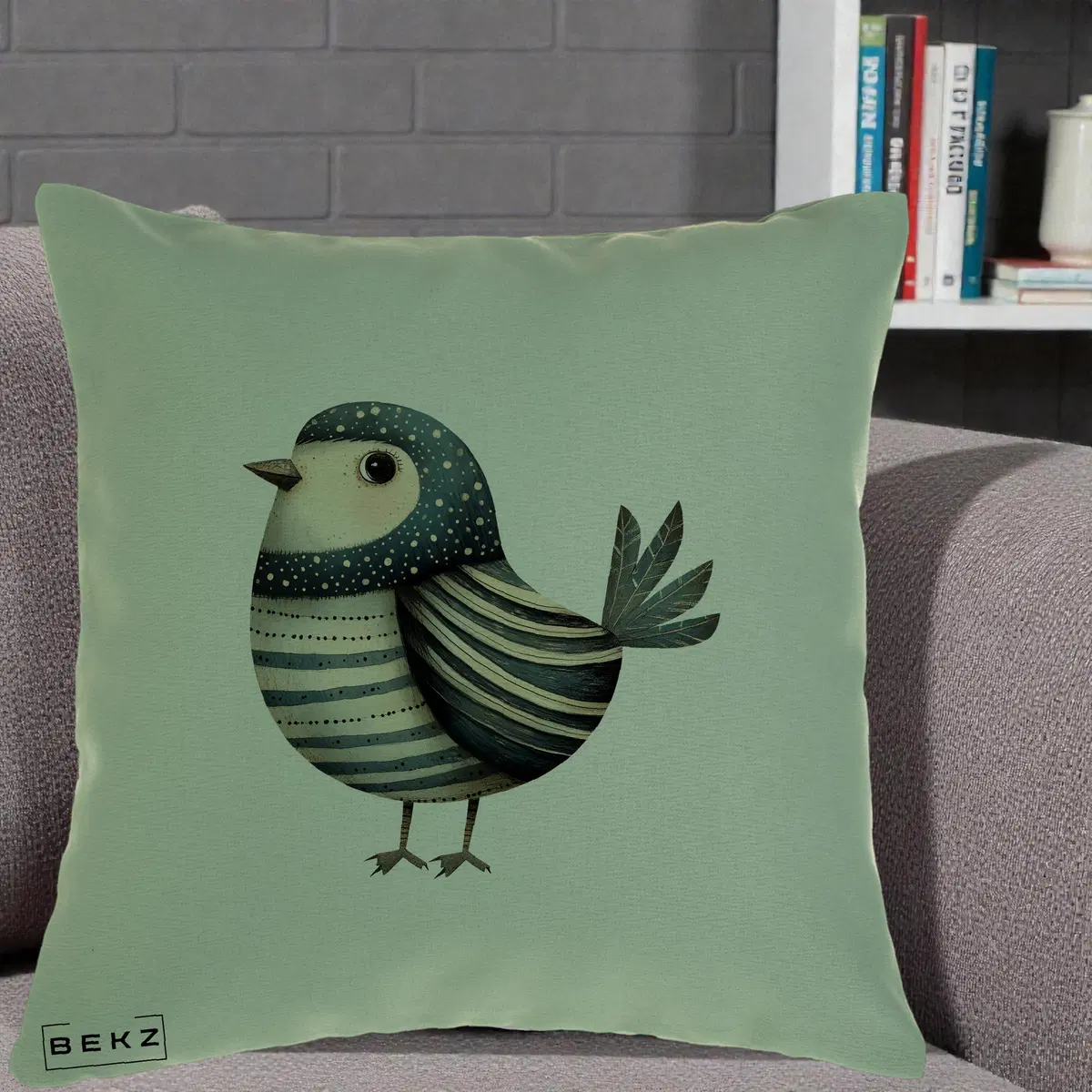 Perna Decorativa Pasare Teal Decorativa Dungata, 40x40 cm, Verde, Husa Detasabila, Perna, BEKZ®