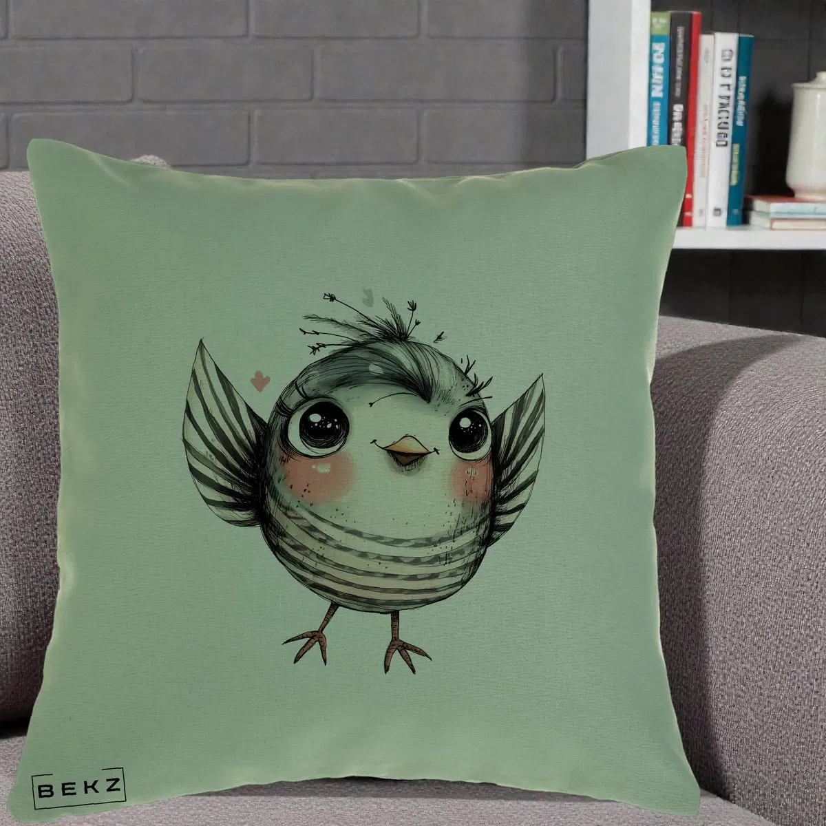 Perna Decorativa Pasare Gri cu Aripi si Inimioare, 40x40 cm, Verde, Husa Detasabila, Perna, BEKZ®