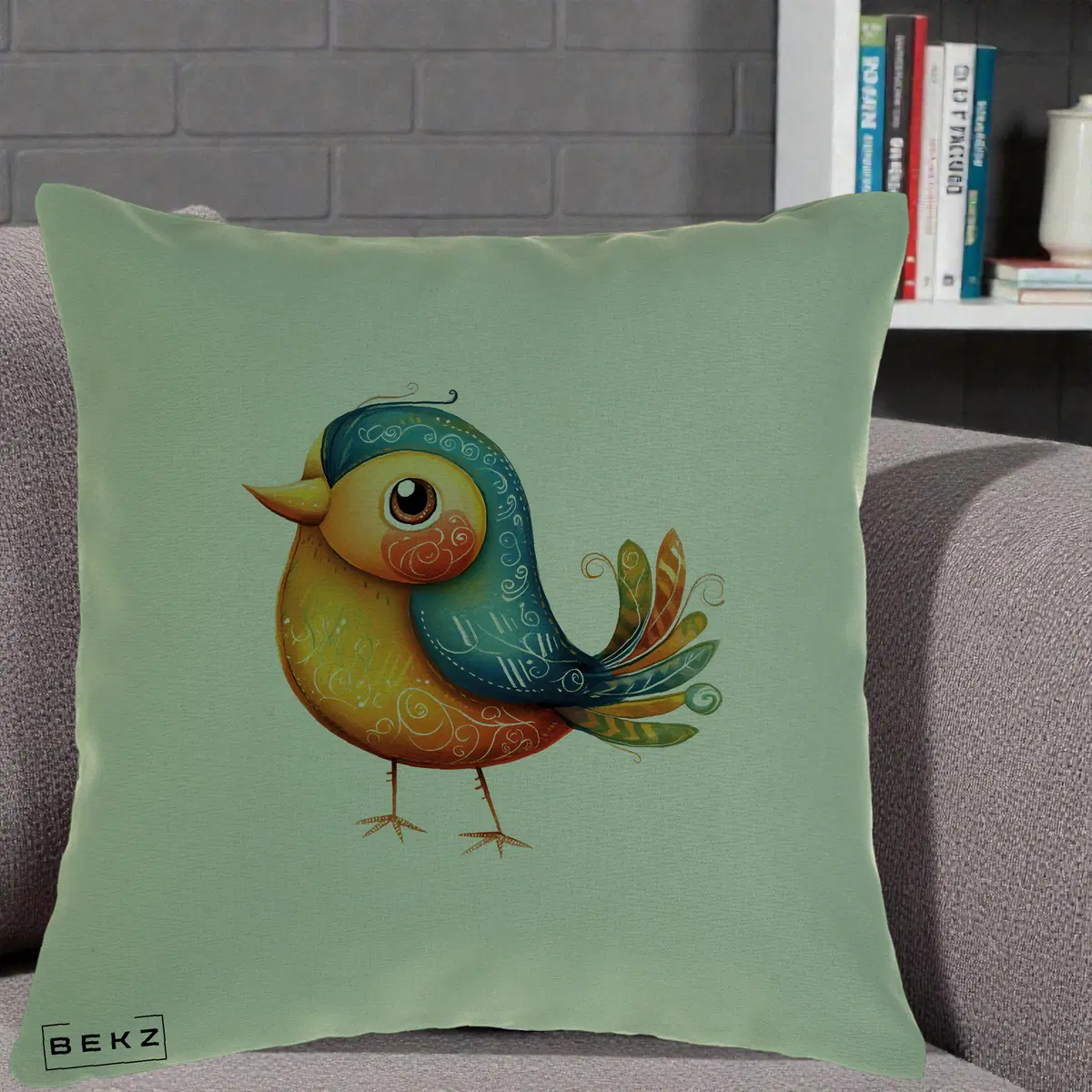 Perna Decorativa Pasare Folk Art Portocalie-Teal, 40x40 cm, Verde, Husa Detasabila, Perna, BEKZ®