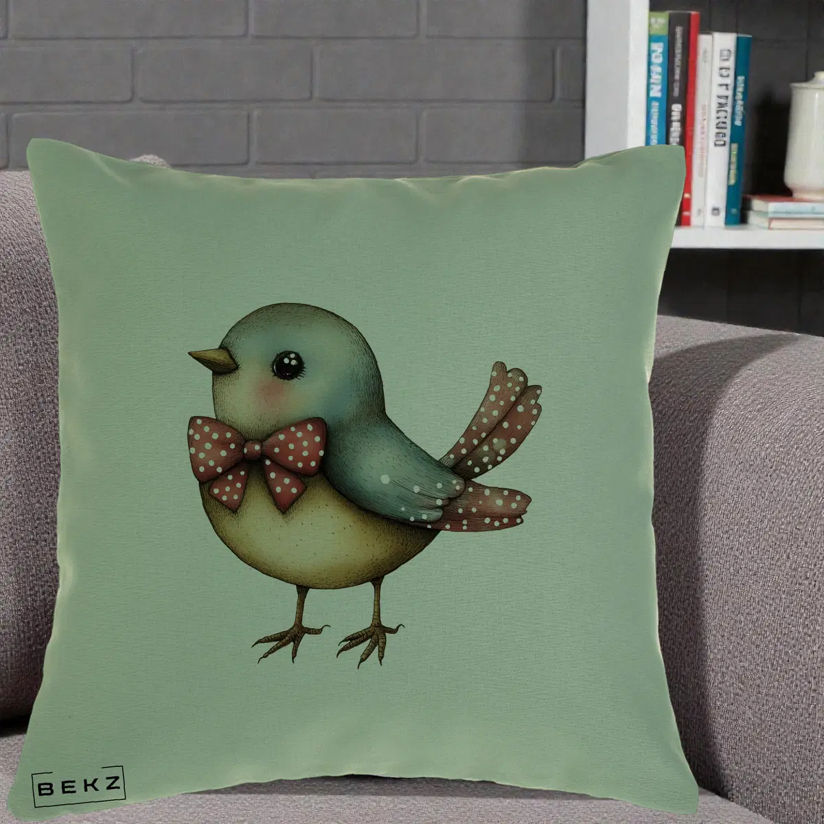 Perna Decorativa Pasare Bleu cu Fundita Rosie, 40x40 cm, Verde, Husa Detasabila, Perna, BEKZ®