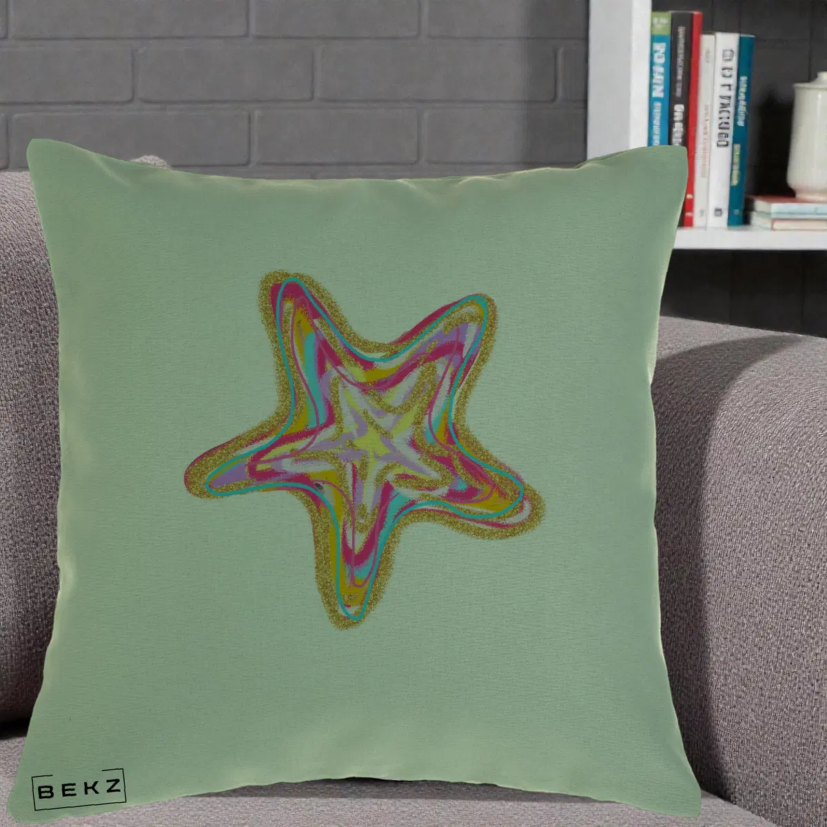 Perna Decorativa Stea de Mare Neon Curcubeu, 40x40 cm, Verde, Husa Detasabila, Perna, BEKZ®