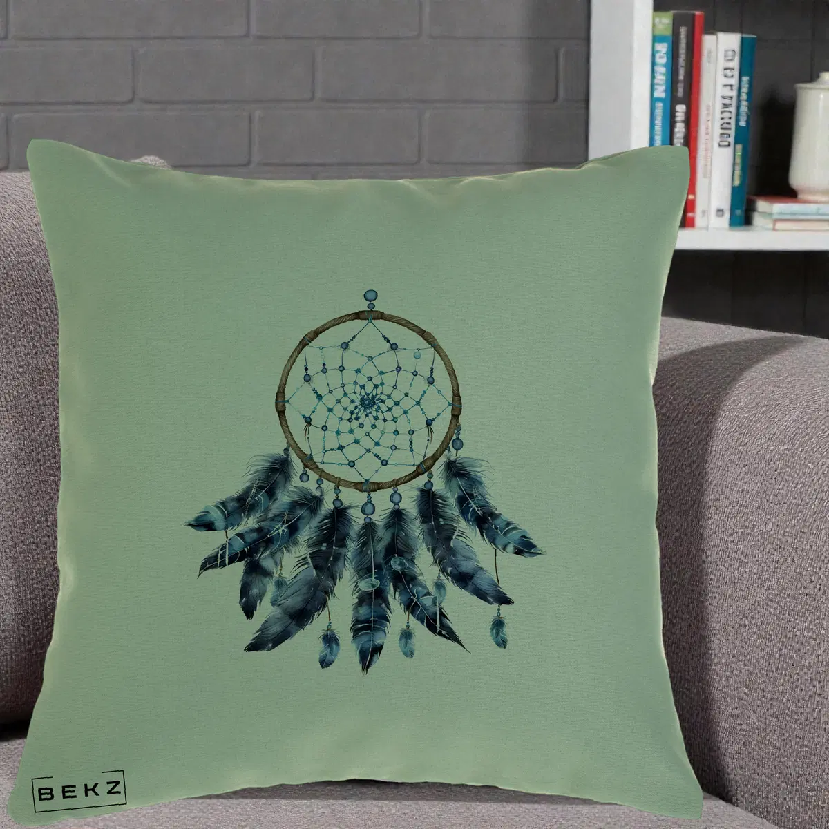 Perna Decorativa Prinzator de Vise cu Pene Albastre, 40x40 cm, Verde, Husa Detasabila, Perna, BEKZ®