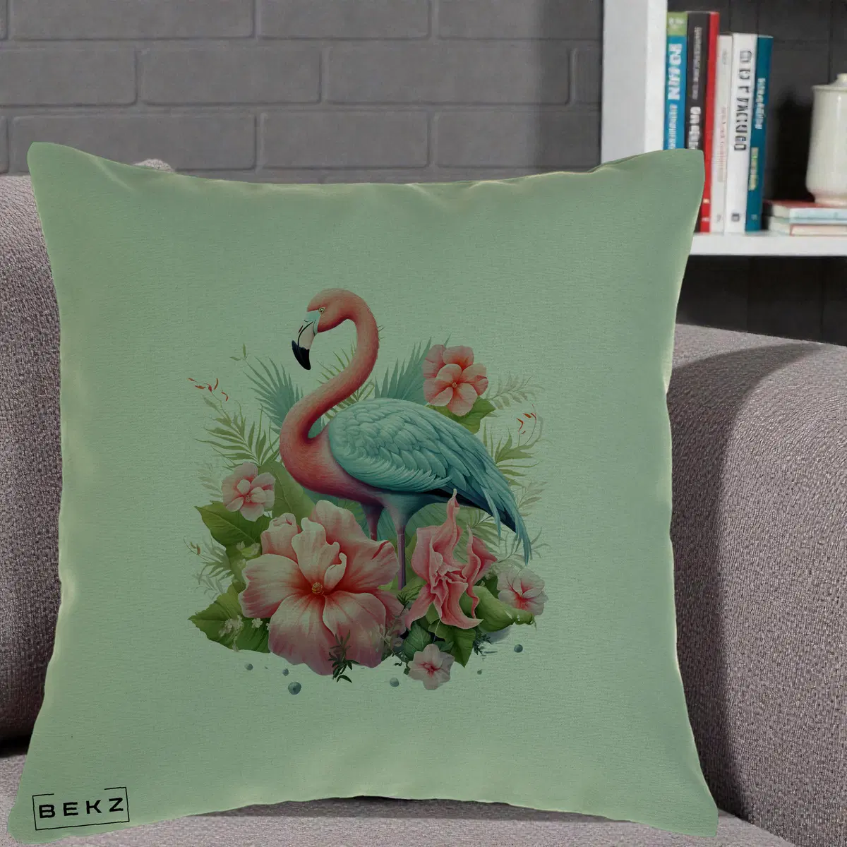 Perna Decorativa Flamingo cu Hibiscus Tropical, 40x40 cm, Verde, Husa Detasabila, Perna, BEKZ®