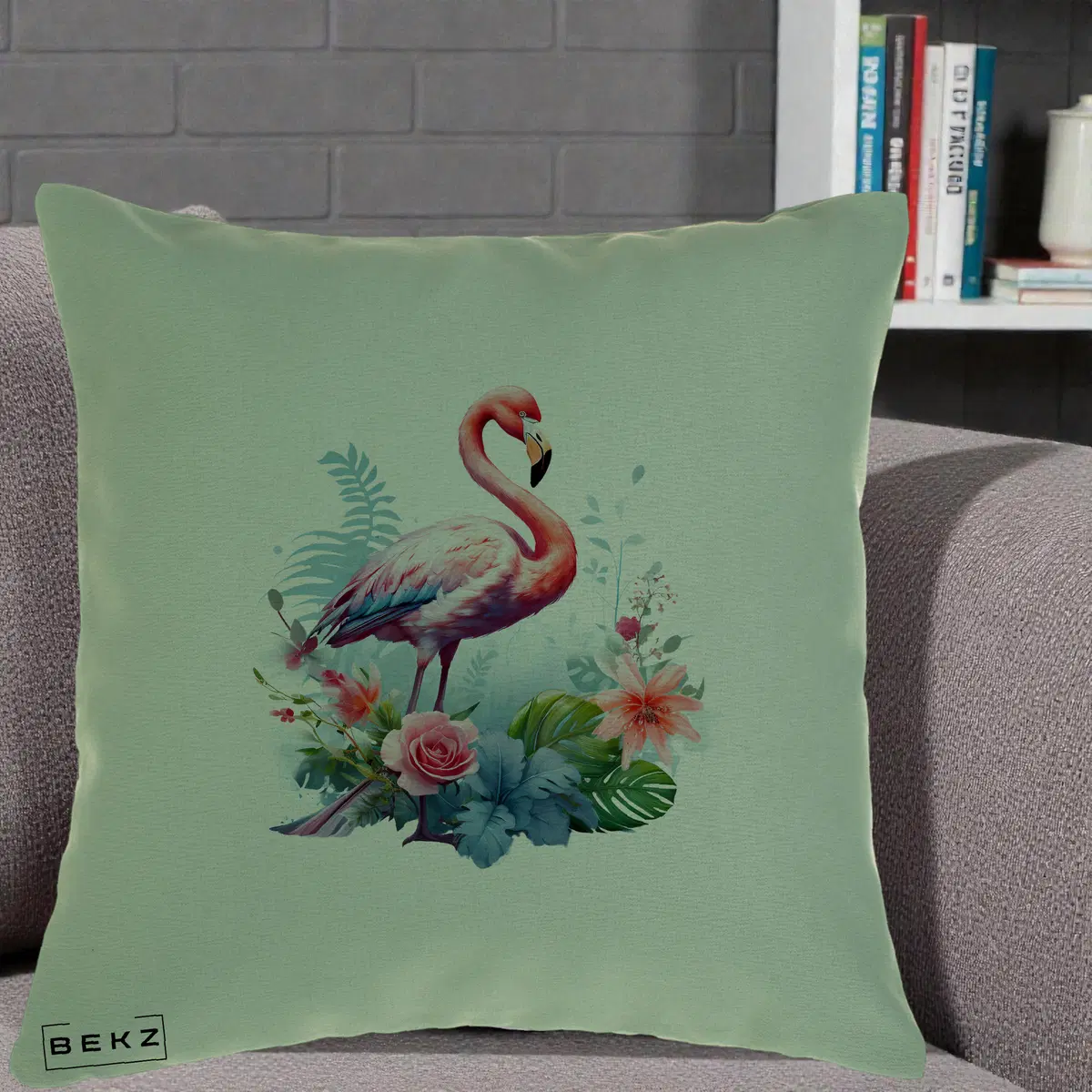 Perna Decorativa Flamingo cu Flori Tropicale Acuarela, 40x40 cm, Verde, Husa Detasabila, Perna, BEKZ®