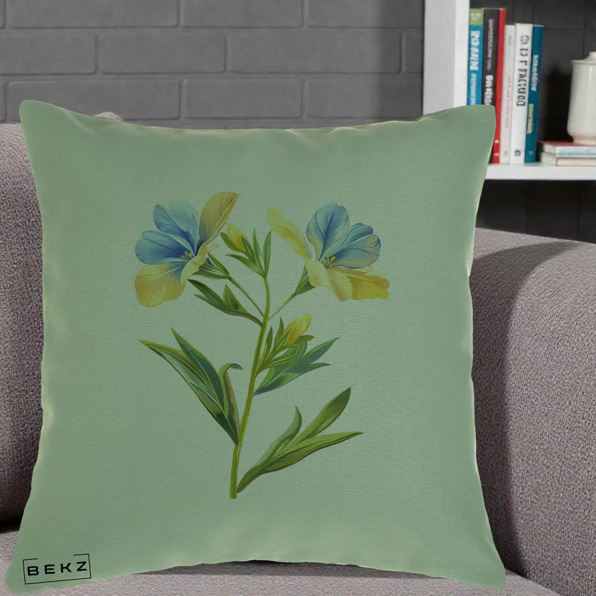 Perna Decorativa Botanica Frezie Galbena si Albastra, 40x40 cm, Verde, Husa Detasabila, Perna, BEKZ®