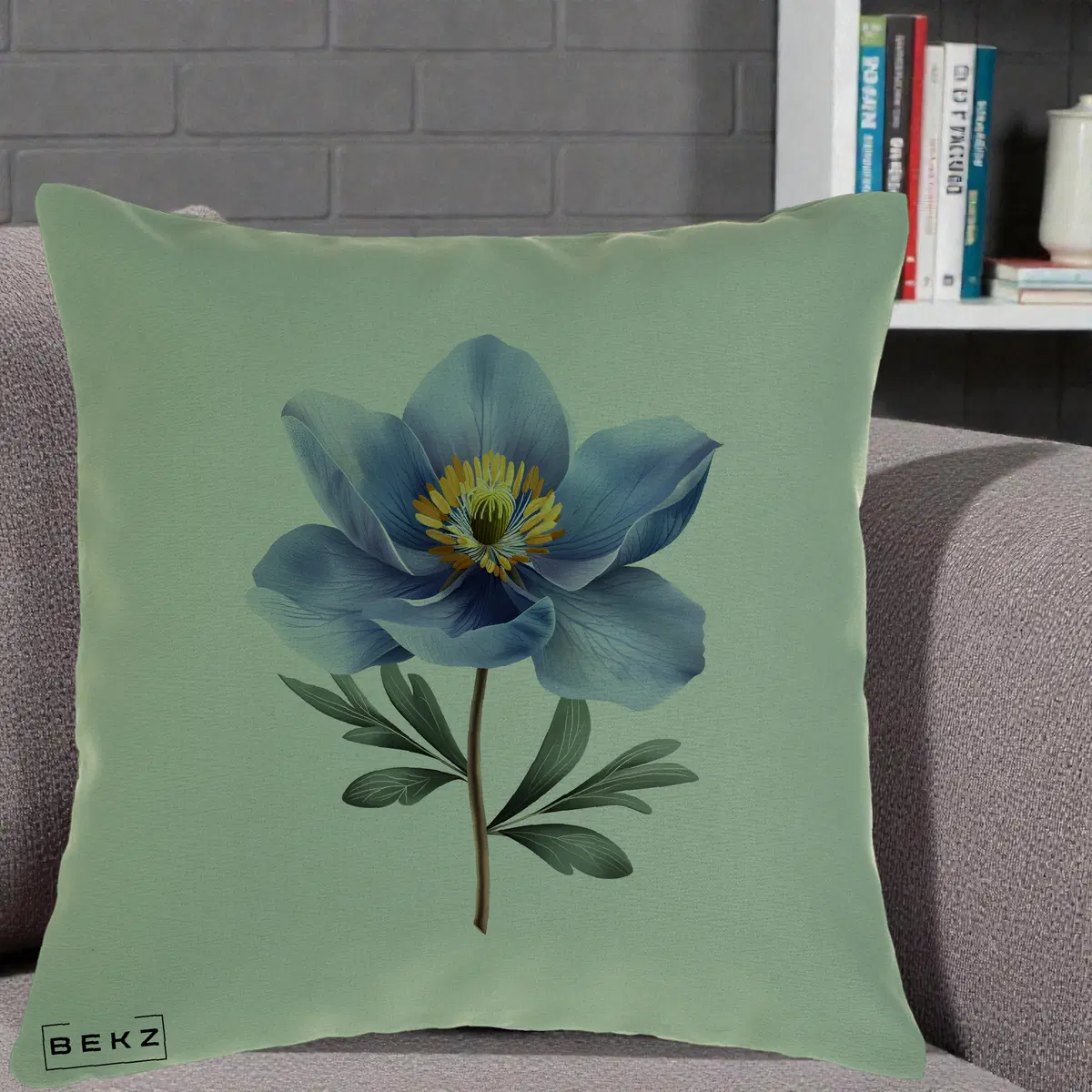 Perna Decorativa Anemona Albastra Botanica, 40x40 cm, Verde, Husa Detasabila, Perna, BEKZ®