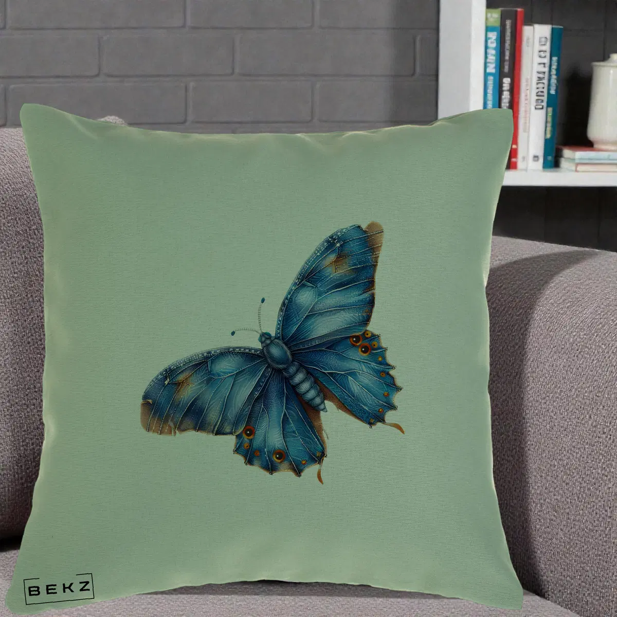 Perna Decorativa Fluture Albastru Satin cu Pete Aurii, 40x40 cm, Verde, Husa Detasabila, Perna, BEKZ®
