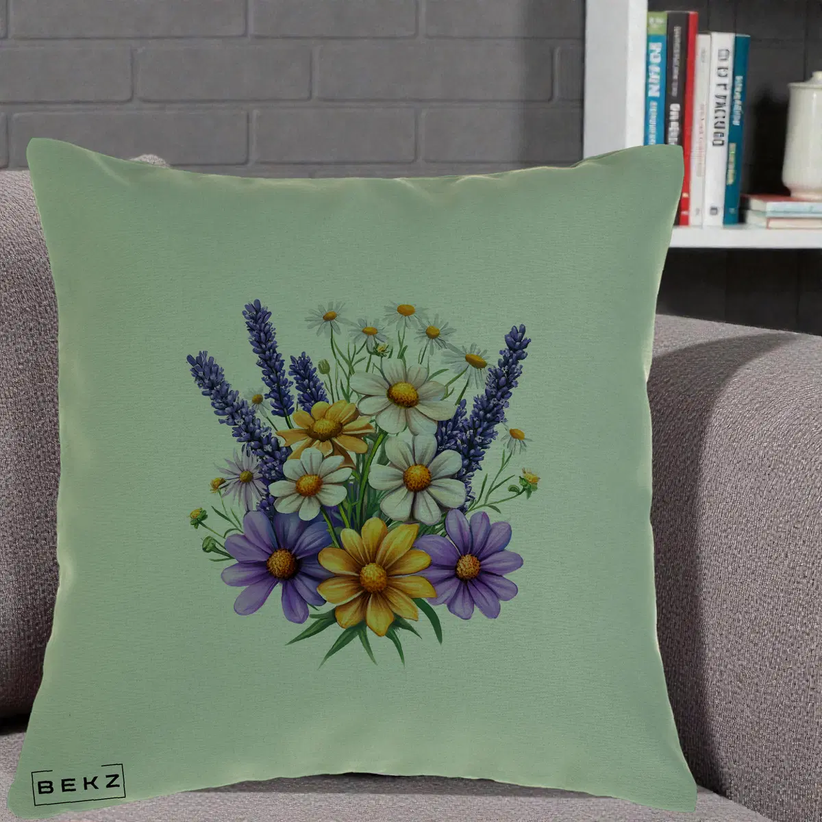Perna Decorativa Lavanda Musetel si Flori Mov, 40x40 cm, Verde, Husa Detasabila, Perna, BEKZ®