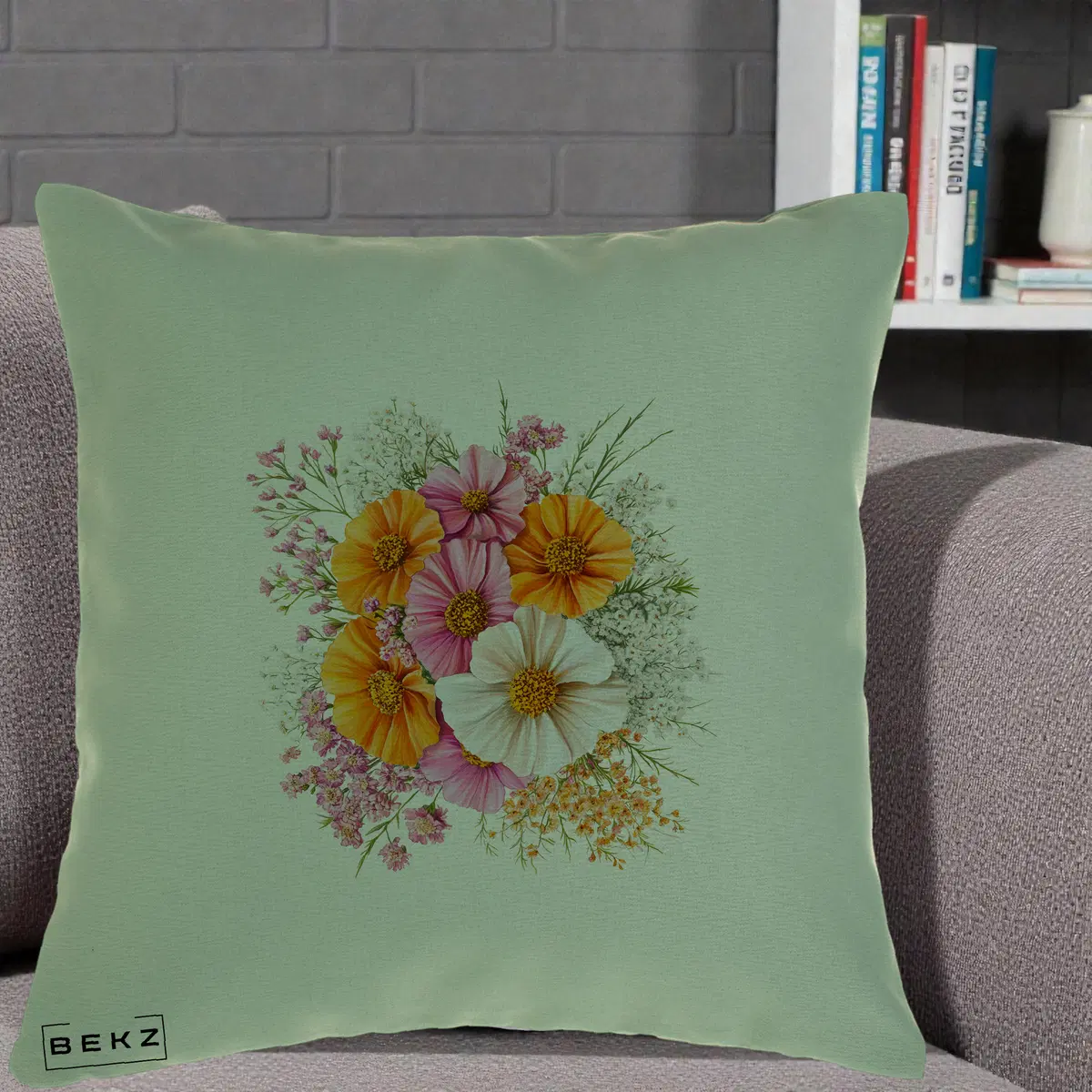 Perna Decorativa Buchet Cosmos Portocaliu Roz si Alb, 40x40 cm, Verde, Husa Detasabila, Perna, BEKZ®