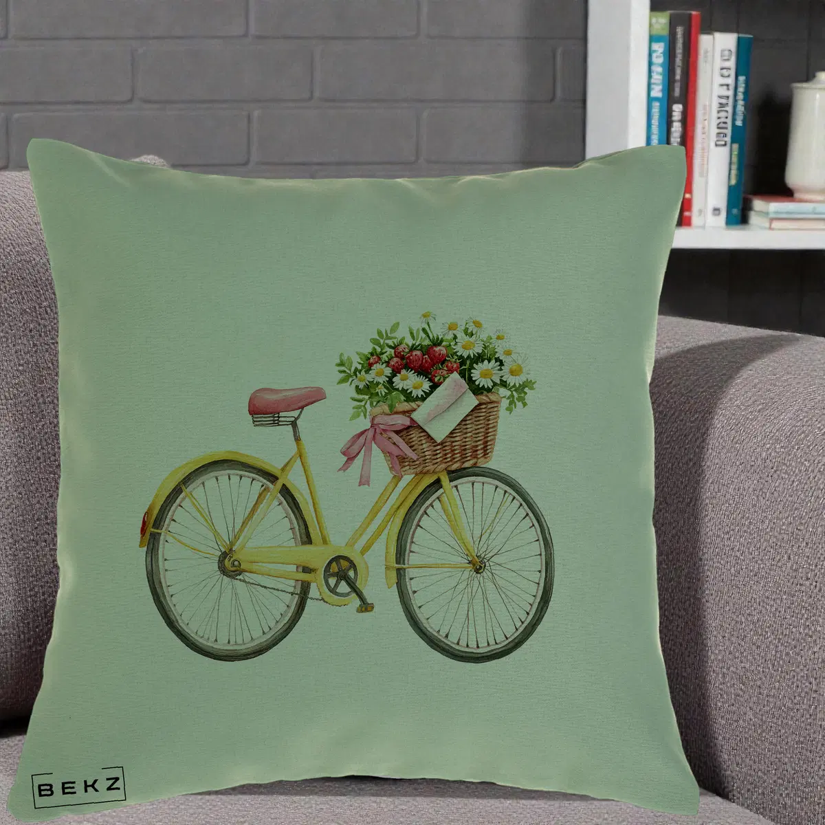 Perna Decorativa Bicicleta Galbena cu Cos de Flori Primavara, 40x40 cm, Verde, Husa Detasabila, Perna, BEKZ®