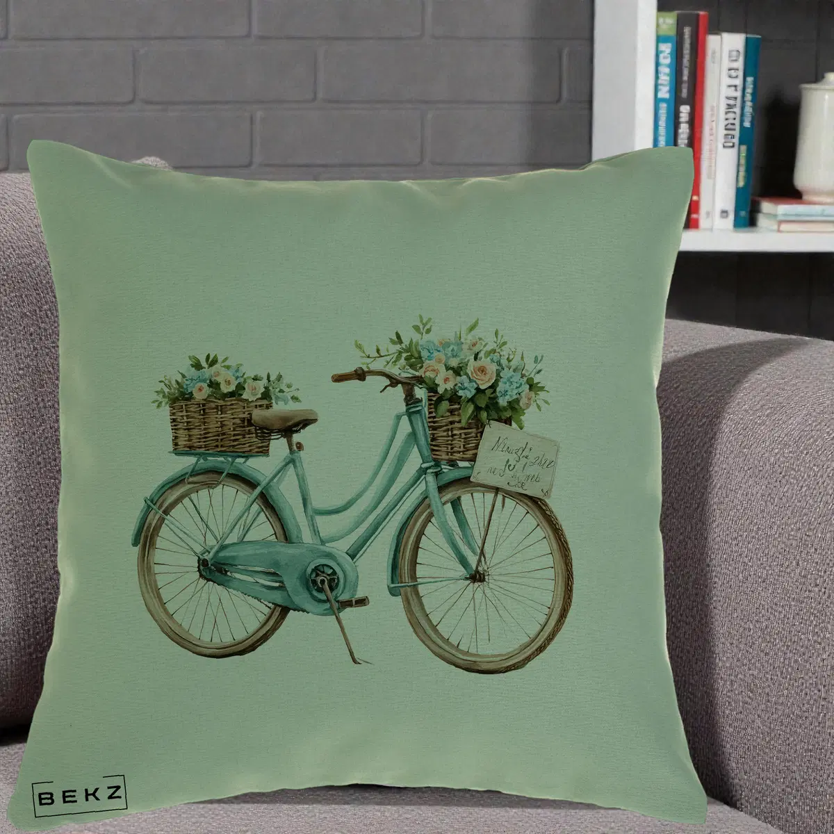 Perna Decorativa Bicicleta Teal cu Cosuri Duble de Flori Vintage, 40x40 cm, Verde, Husa Detasabila, Perna, BEKZ®