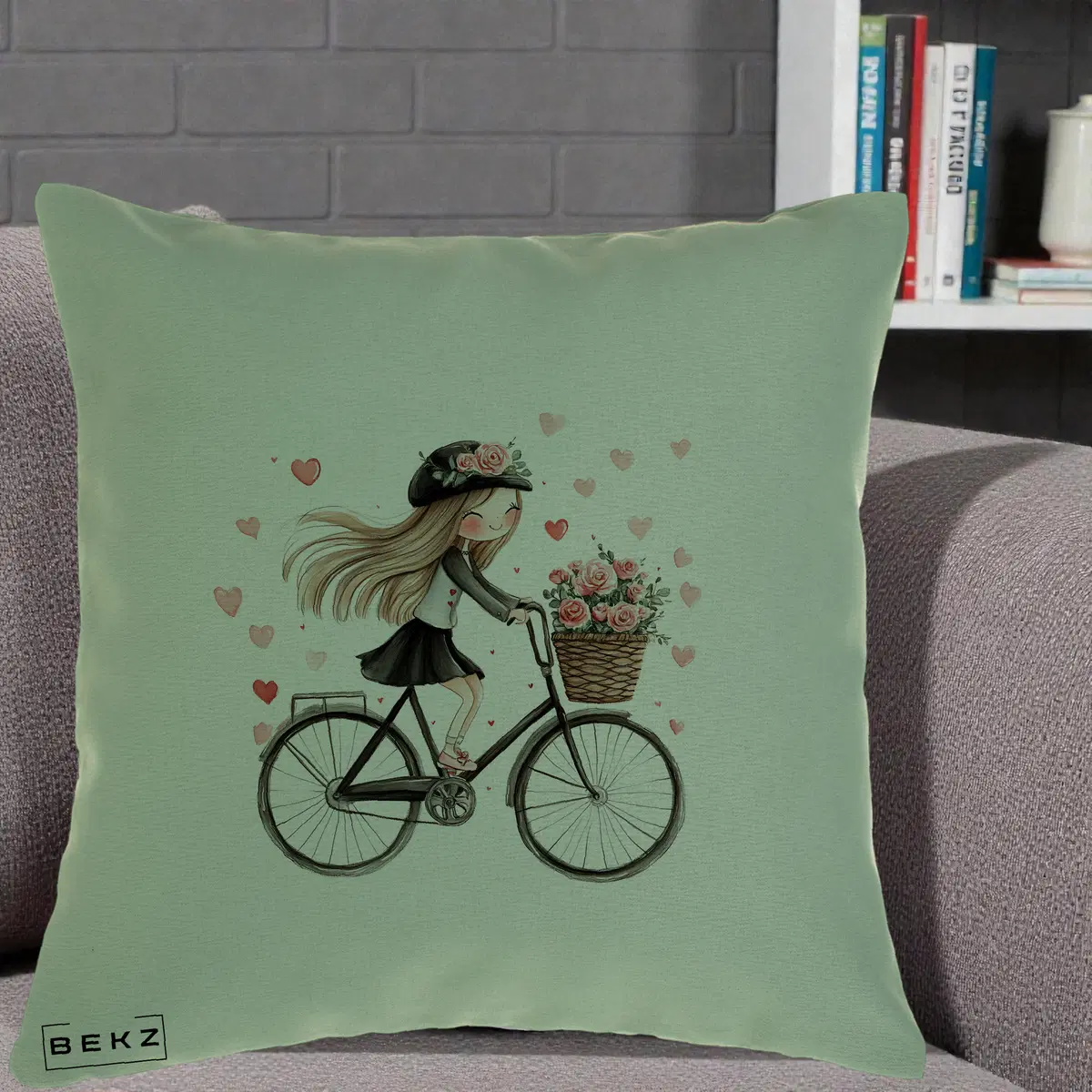Perna Decorativa Fetita Kawaii pe Bicicleta cu Trandafiri si Inimioare, 40x40 cm, Verde, Husa Detasabila, Perna, BEKZ®