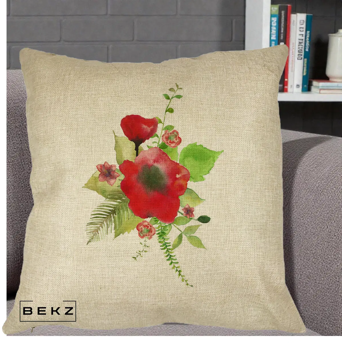 Perna Decorativa Buchet Rosu Acuarela, 40x40 cm, Crem, Husa Detasabila, Perna, BEKZ®