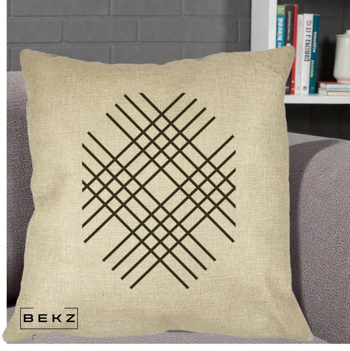 Perna Decorativa Geometric Grid, 40x40 cm, Crem, Husa Detasabila, Perna, BEKZ®