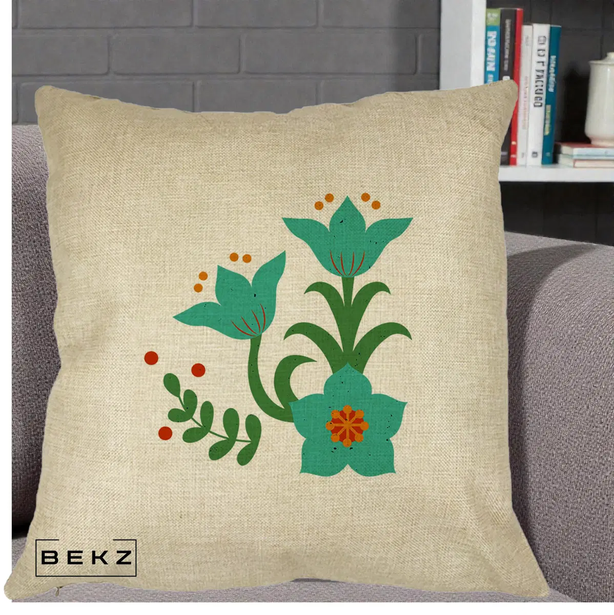 Perna Decorativa Flori Stilizate Folk Turcoaz, 40x40 cm, Crem, Husa Detasabila, Perna, BEKZ®
