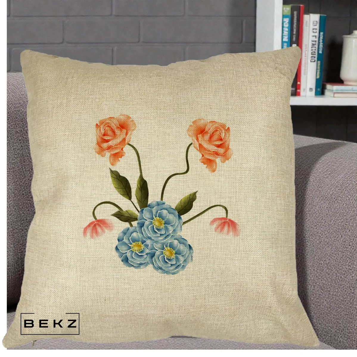 Perna Decorativa Trandafiri si Bujori Acuarela, 40x40 cm, Crem, Husa Detasabila, Perna, BEKZ®