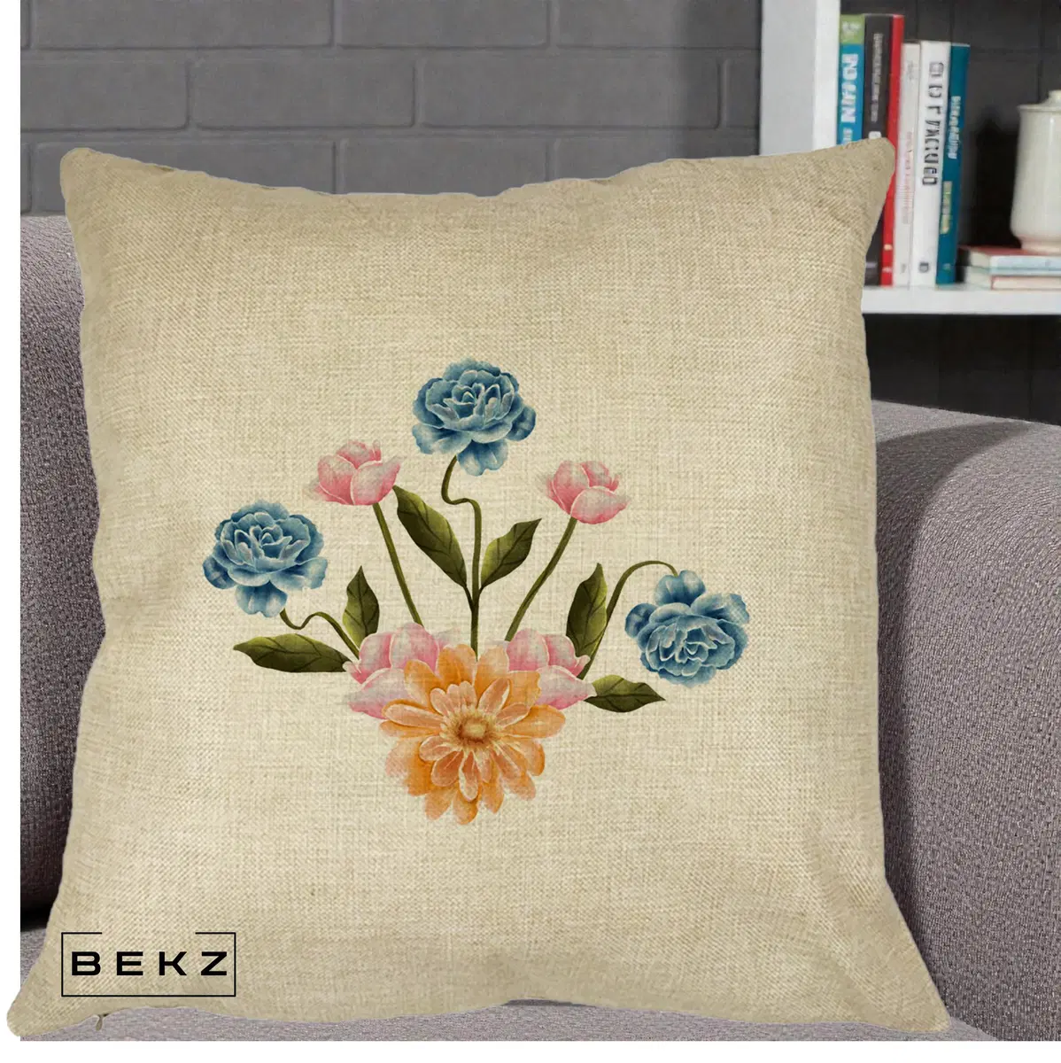 Perna Decorativa Buchet Primavara Acuarela, 40x40 cm, Crem, Husa Detasabila, Perna, BEKZ®