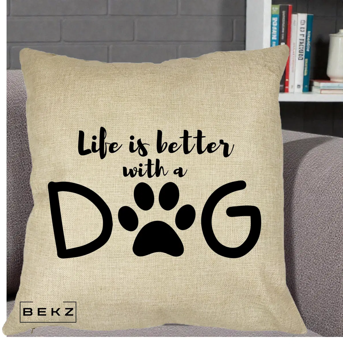 Perna Decorativa Life is Better with a Dog, 40x40 cm, Crem, Husa Detasabila, Perna, BEKZ®
