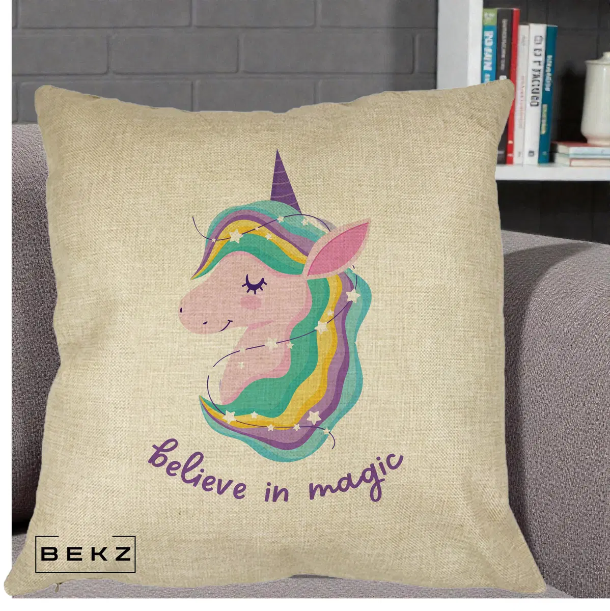 Perna Decorativa Unicorn Believe in Magic, 40x40 cm, Crem, Husa Detasabila, Perna, BEKZ®