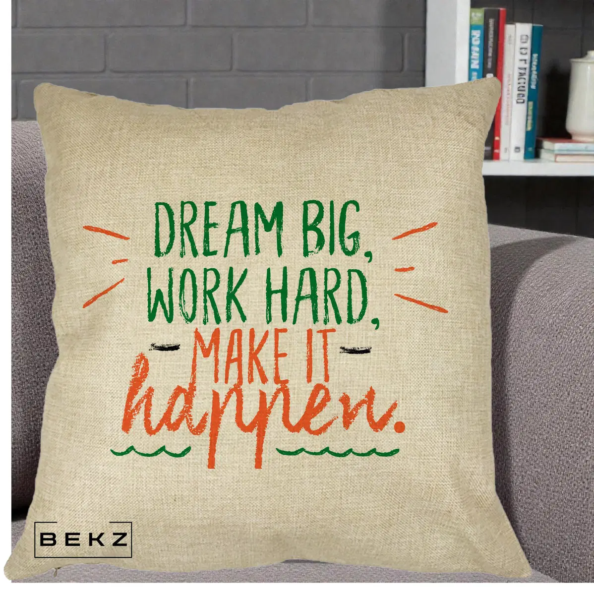 Perna Decorativa Dream Big Work Hard Mesaj Motivational, 40x40 cm, Crem, Husa Detasabila, Perna, BEKZ®