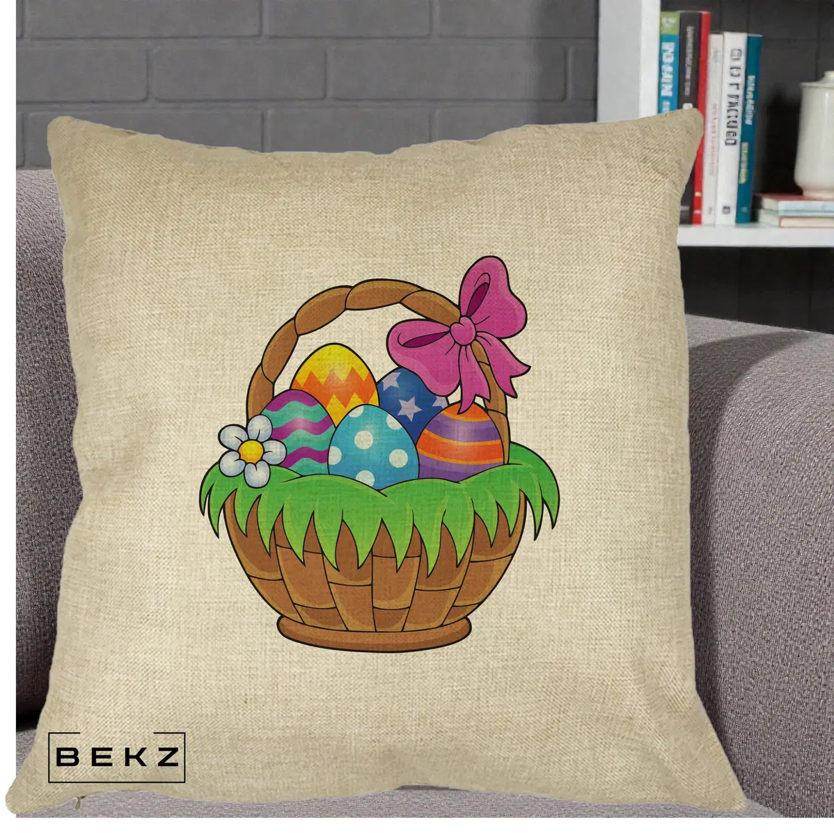 Perna Decorativa Cos cu Oua de Pasti Colorat, 40x40 cm, Crem, Husa Detasabila, Perna, BEKZ®