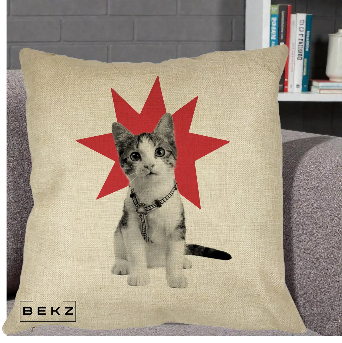 Perna Decorativa Pisica Star Pop Art, 40x40 cm, Crem, Husa Detasabila, Perna, BEKZ®