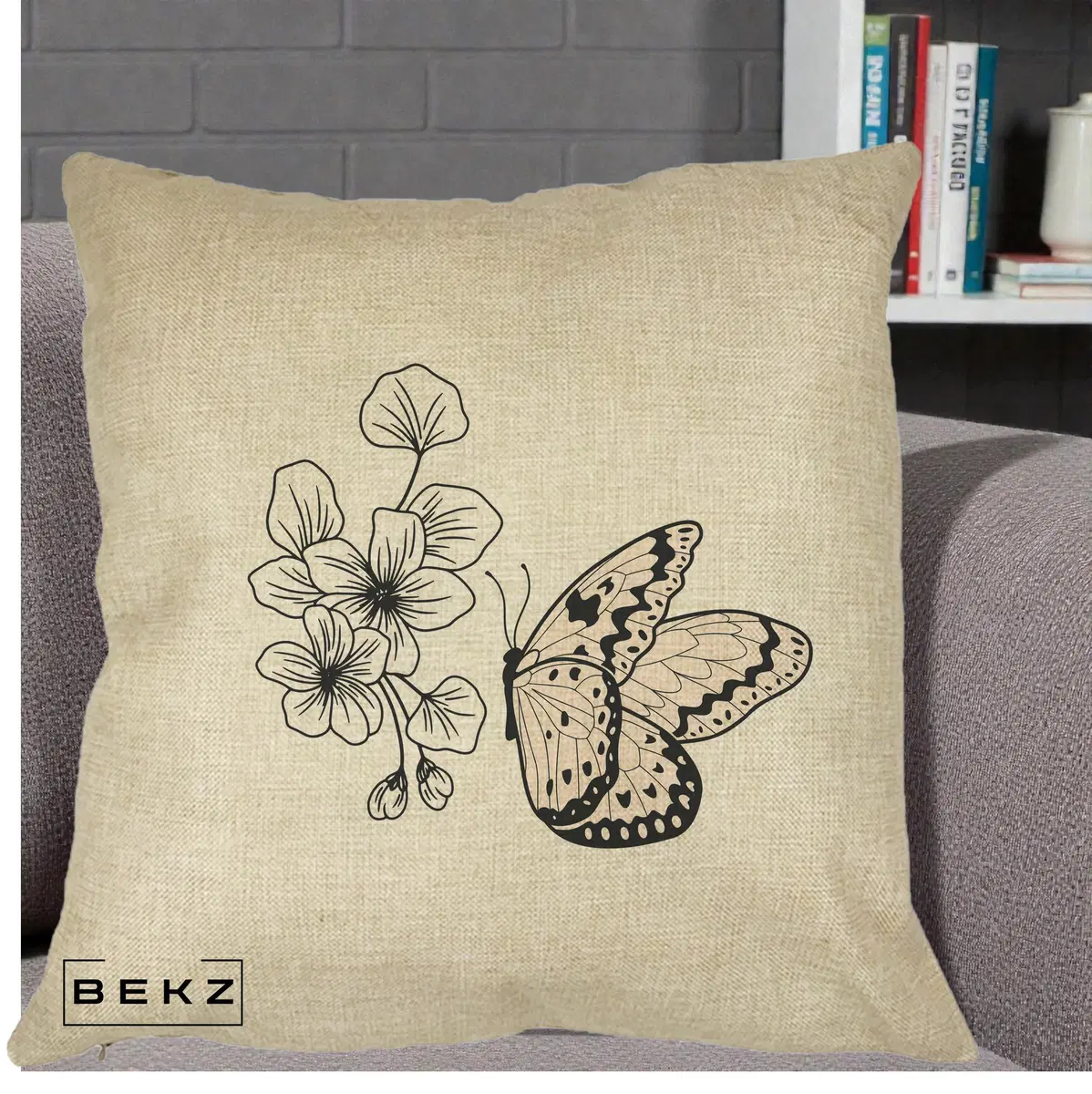 Perna Decorativa Fluture si Flori Linie Monocroma, 40x40 cm, Crem, Husa Detasabila, Perna, BEKZ®