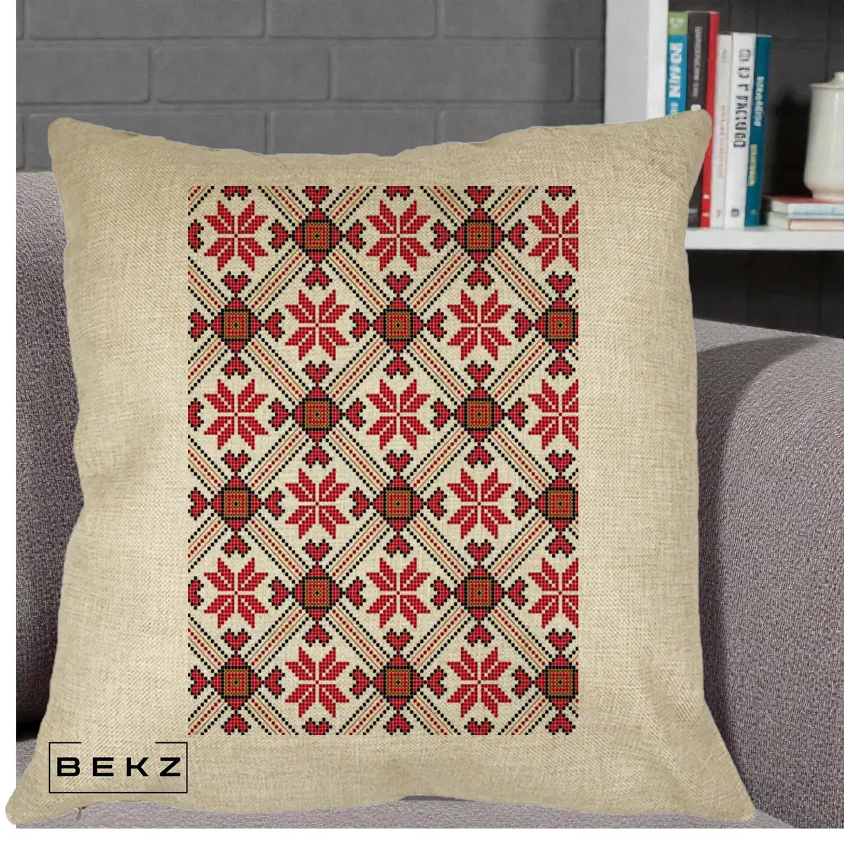 Perna Decorativa Motiv Traditional Ie Romaneasca Rosu, 40x40 cm, Crem, Husa Detasabila, Perna, BEKZ®