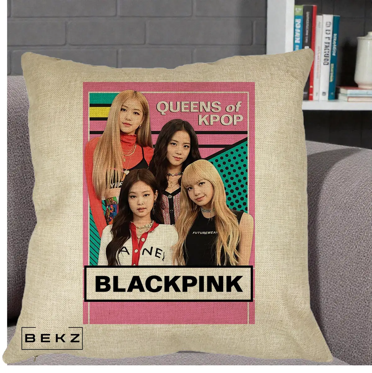 Perna Decorativa BLACKPINK Queens of Kpop, 40x40 cm, Crem, Husa Detasabila, Perna, BEKZ®