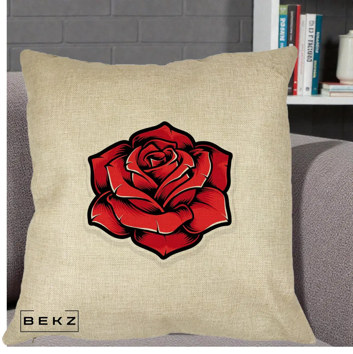 Perna Decorativa Trandafir Rosu Tattoo, 40x40 cm, Crem, Husa Detasabila, Perna, BEKZ®