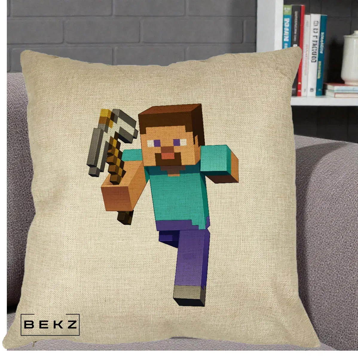 Perna Decorativa Minecraft Steve Closeup, 40x40 cm, Crem, Husa Detasabila, Perna, BEKZ®