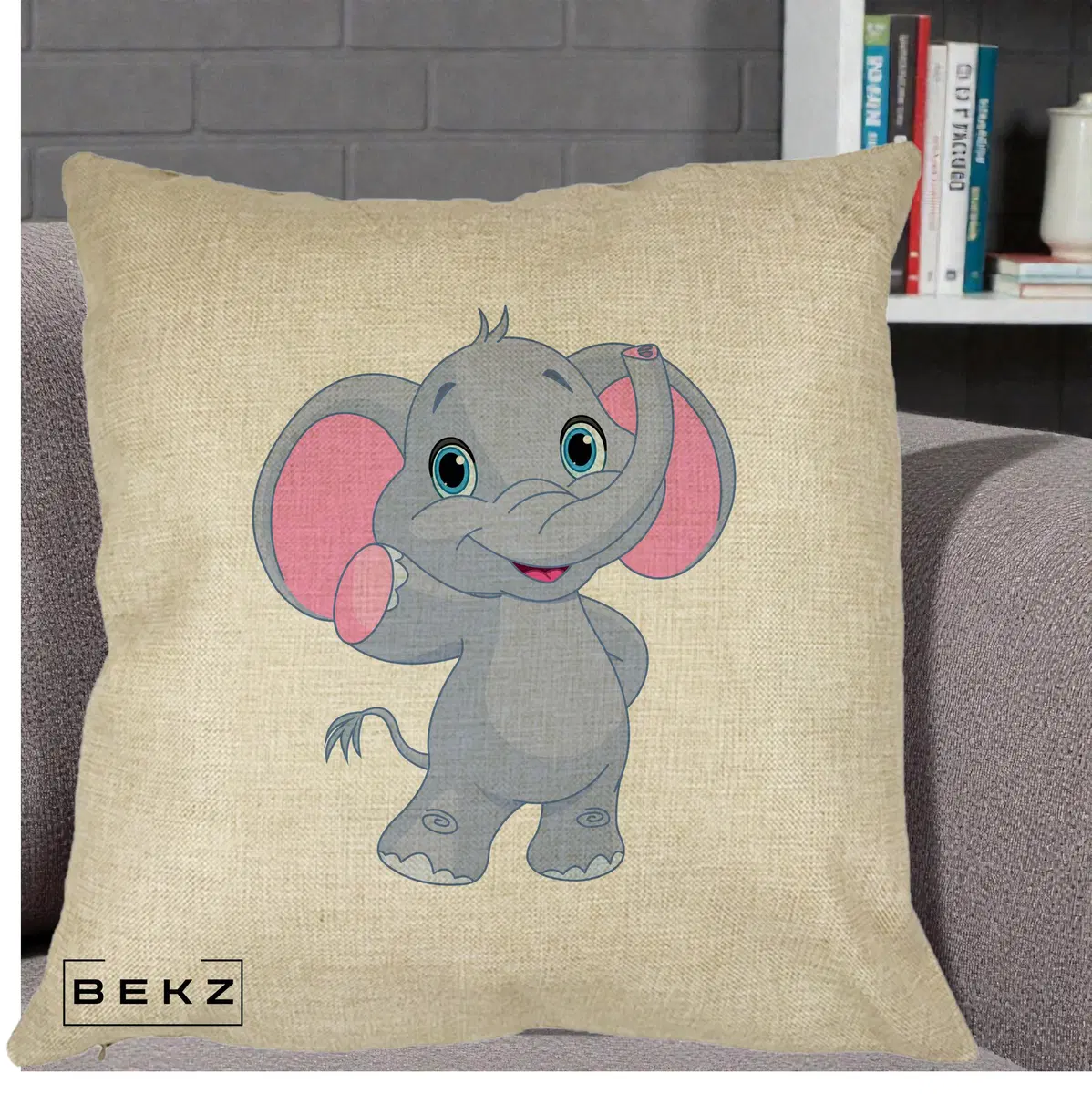Perna Decorativa Pui de Elefant Kawaii, 40x40 cm, Crem, Husa Detasabila, Perna, BEKZ®