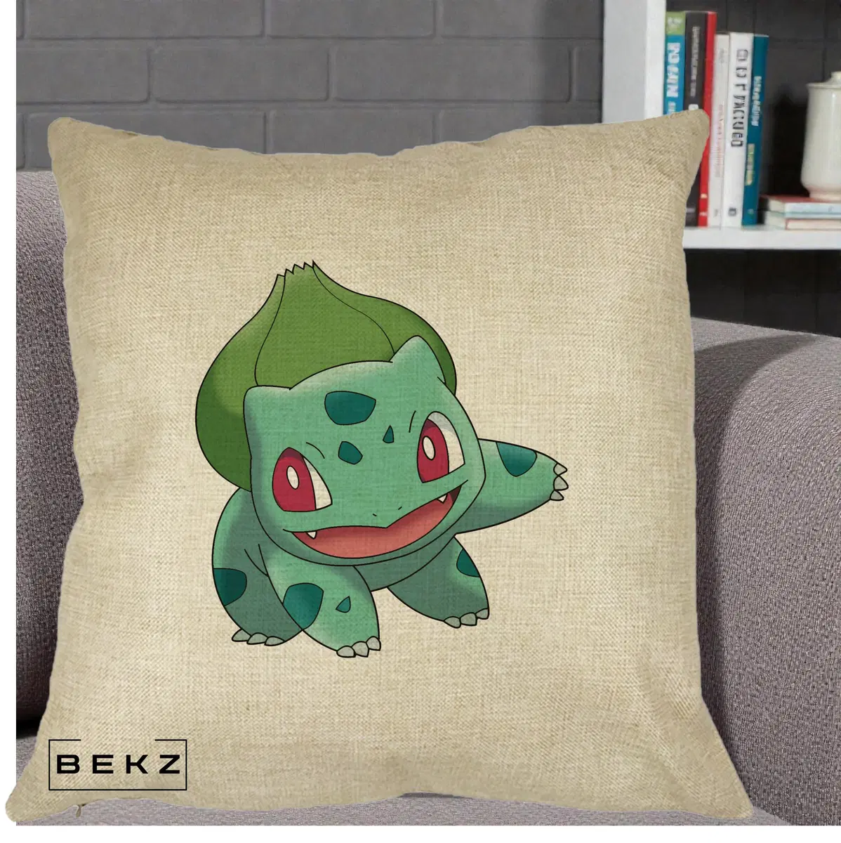 Perna Decorativa Bulbasaur Pokemon, 40x40 cm, Crem, Husa Detasabila, Perna, BEKZ®