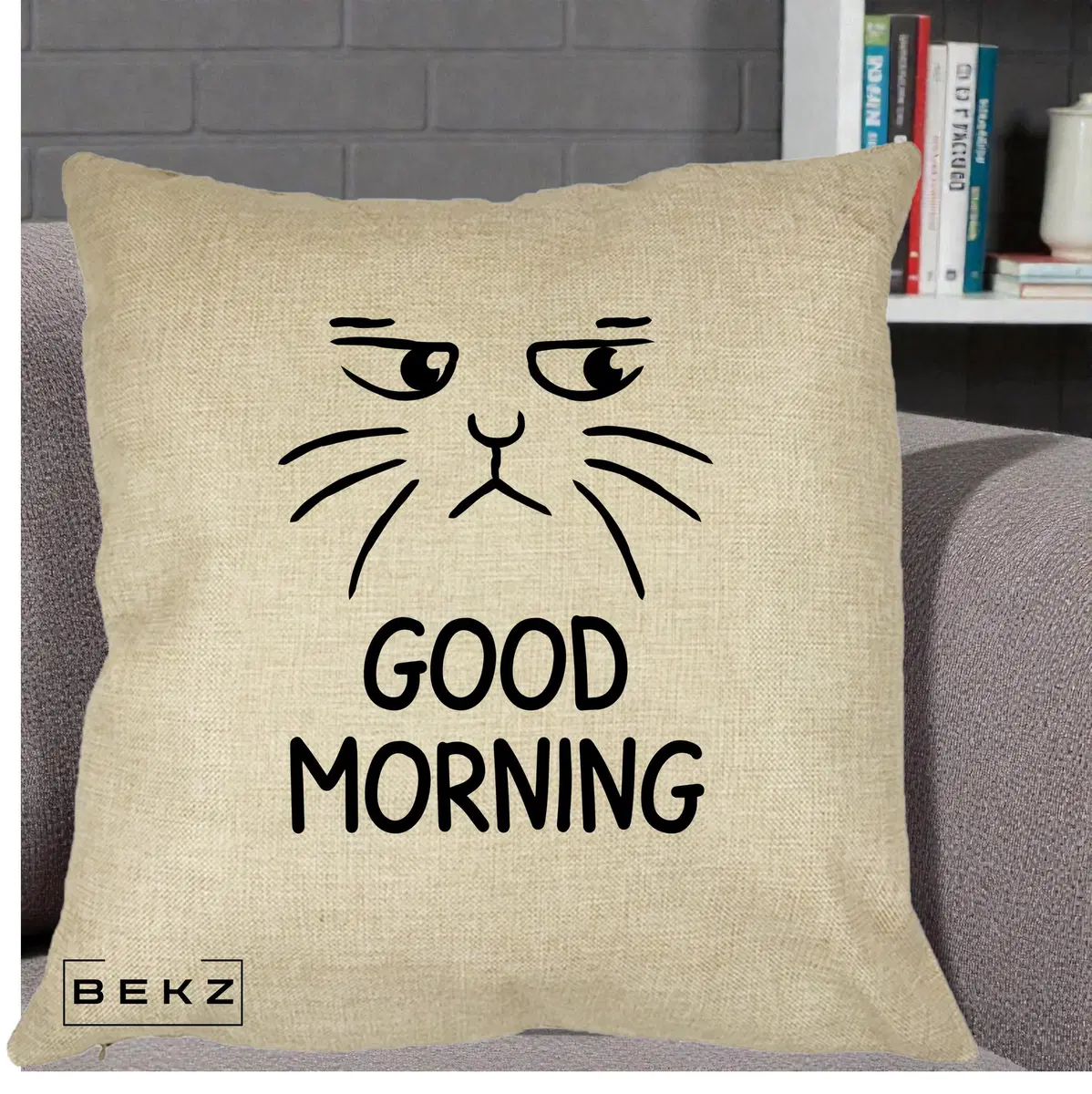 Perna Decorativa Pisica Morocanoasa Good Morning, 40x40 cm, Crem, Husa Detasabila, Perna, BEKZ®