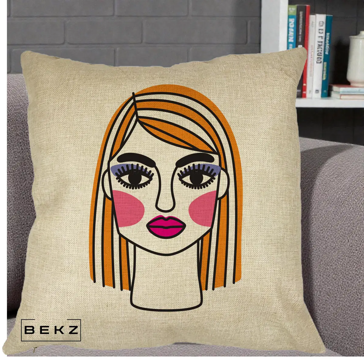 Perna Decorativa Portret Pop Art Fata, 40x40 cm, Crem, Husa Detasabila, Perna, BEKZ®
