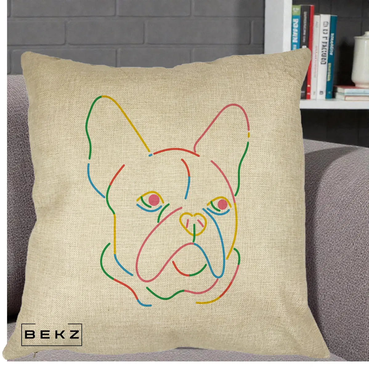 Perna Decorativa Bulldog Francez Line Art Curcubeu, 40x40 cm, Crem, Husa Detasabila, Perna, BEKZ®